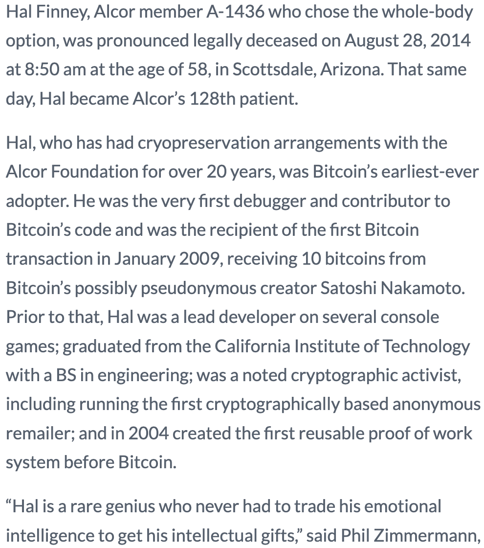 Excerpt from Alcor Case Summary A-1436, Hal Finney's cryopreservation record (August 2014).