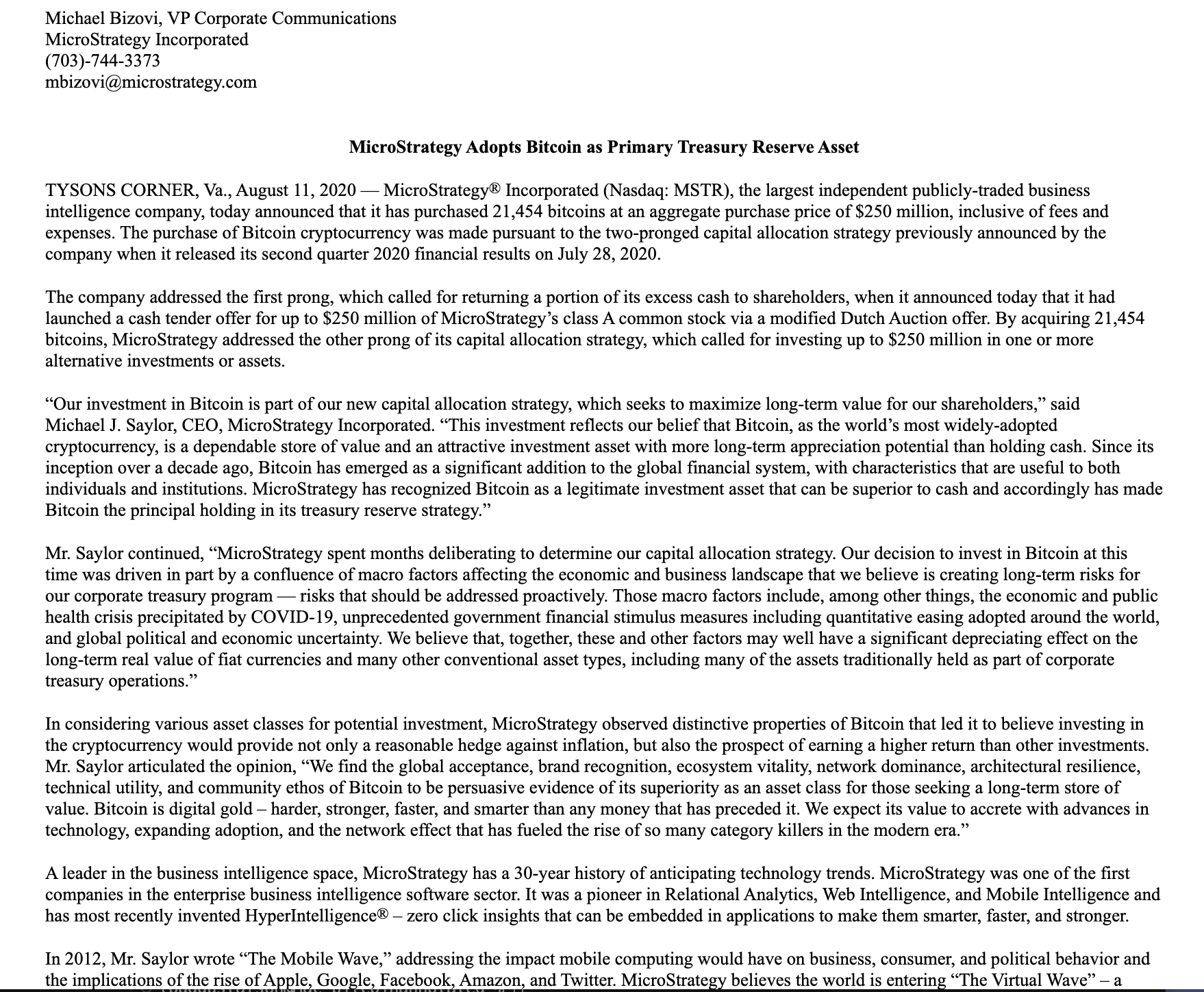 MicroStrategy's August 11, 2020 press release announcing the purchase.