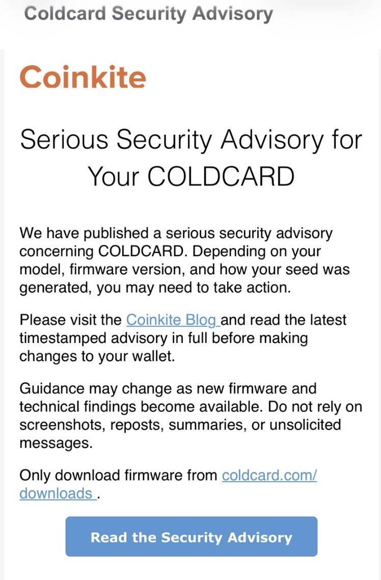 Coinkite security advisory, July 30, 2026, disclosing the Coldcard seed-generation flaw.